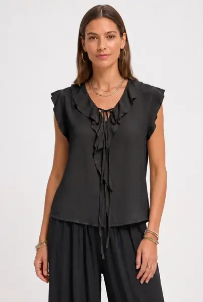Bluza din vascoza cu volane si decolteu in V, neagra