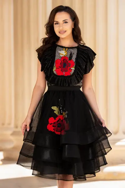 Bluza eleganta Effect din tulle cu buline si broderie florala