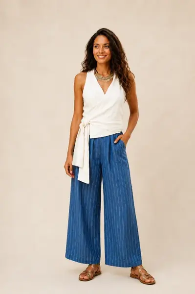 Bluza fara maneci din in, petrecuta, alba ivory