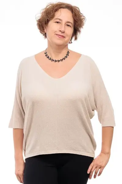 Bluza fin tricotata bob de orez, cu maneca fluture 3 4, bej inchis