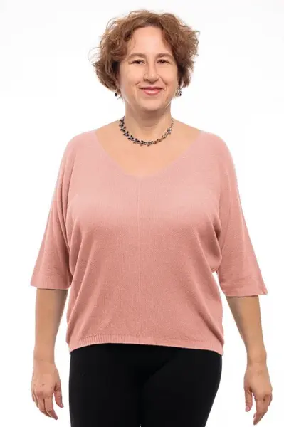 Bluza fin tricotata bob de orez, cu maneca fluture 3 4, roz pastel
