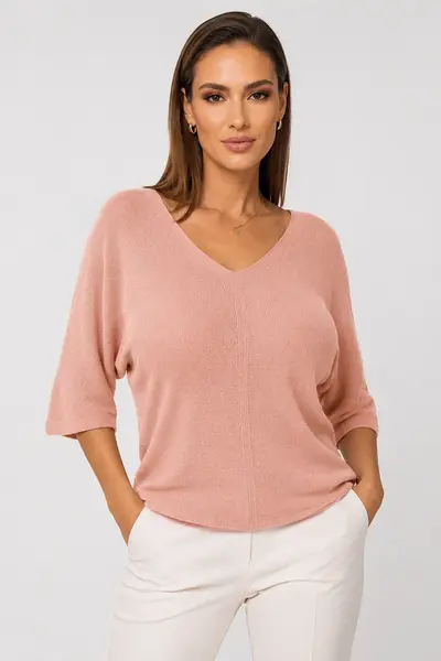 Bluza fin tricotata bob de orez, cu maneca fluture 3 4, roz pastel