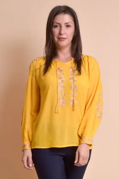 Bluza galbena cu motiv floral auriu Iasmina 07 - maneca lunga