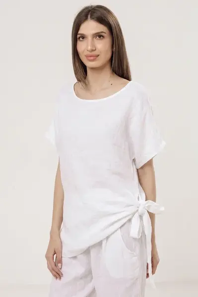 Bluza lunga din in cu colt si funda, alba