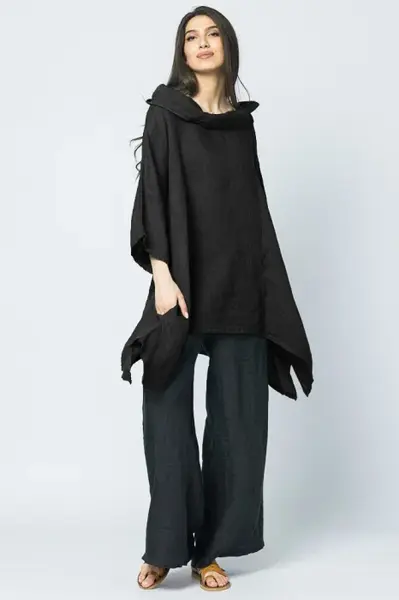 Bluza lunga in colturi, din in, cu gluga, neagra