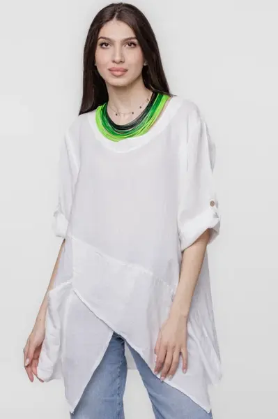 Bluza lunga tunica, in colturi, din in, alba
