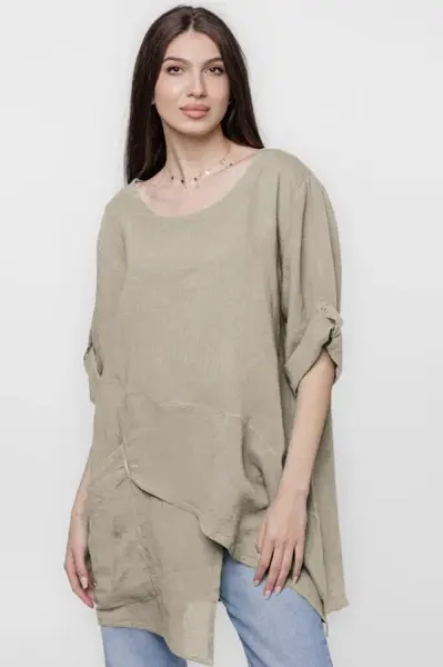 Bluza lunga tunica, in colturi, din in, bej inchis