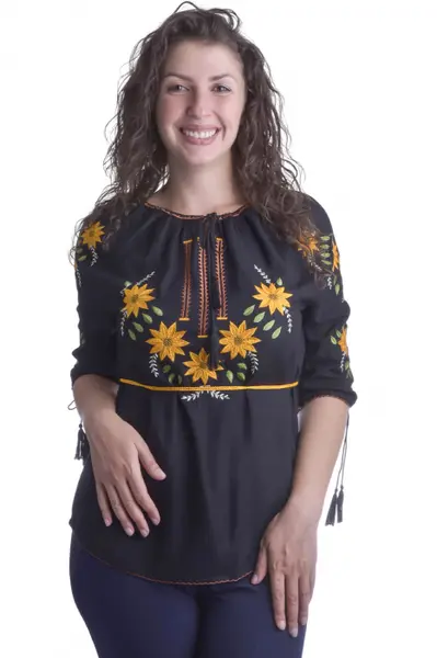 Bluza neagra cu motiv floral galben Aliona 02