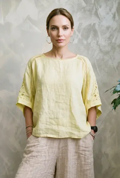 Bluza oversize din in cu broderie sparta din bumbac, galbena