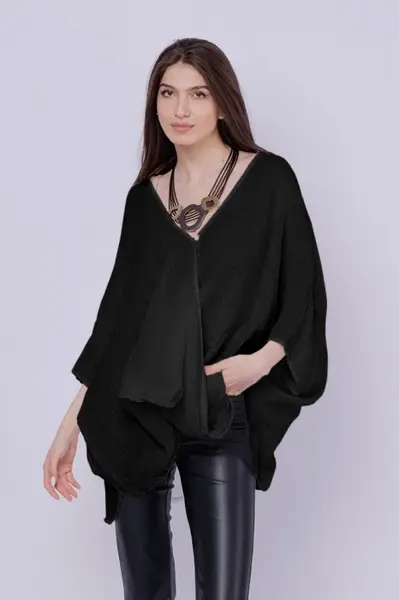 Bluza oversize petrecuta, din in, neagra