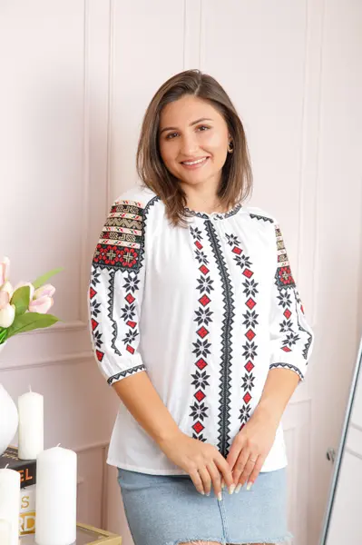 Bluza tip ie alba cu motiv geometric bicolor Anca