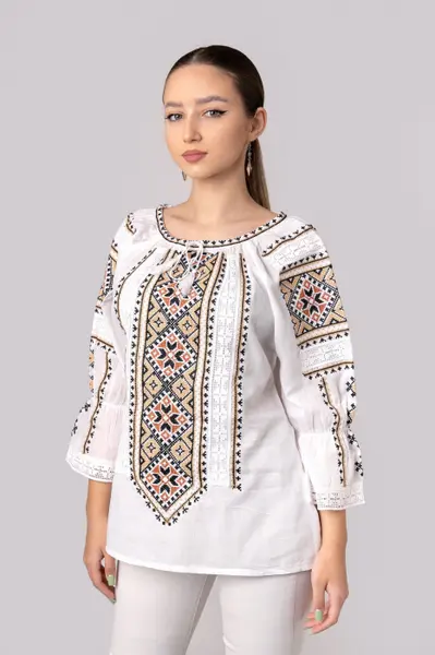 Bluza tip ie alba cu motiv geometric crem Paraschiva 03