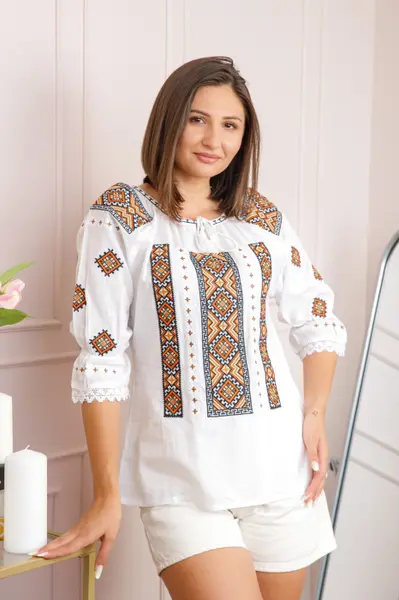 Bluza tip ie alba cu motiv geometric orange Alexandrina