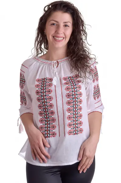 Bluza tip ie alba cu motiv geometric rosu Vera 06