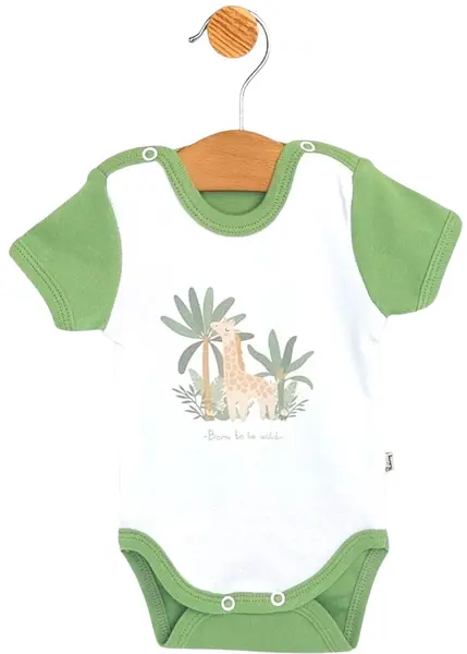 Body pentru bebeluși cu mânecă scurtă Rainy - Flashy giraffe, alb/pădure, 56 cm, 1-2 luni