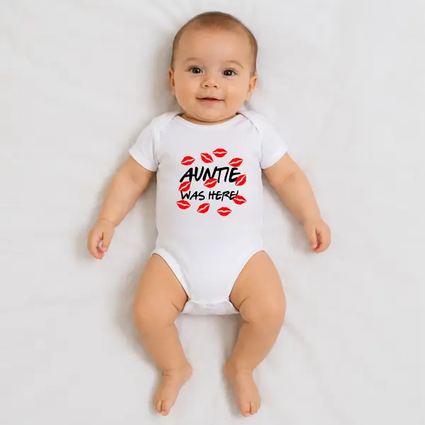 Body personalizat Auntie was here - TPC38 Alb Maneca Scurta, 36 Luni (Nr 98)