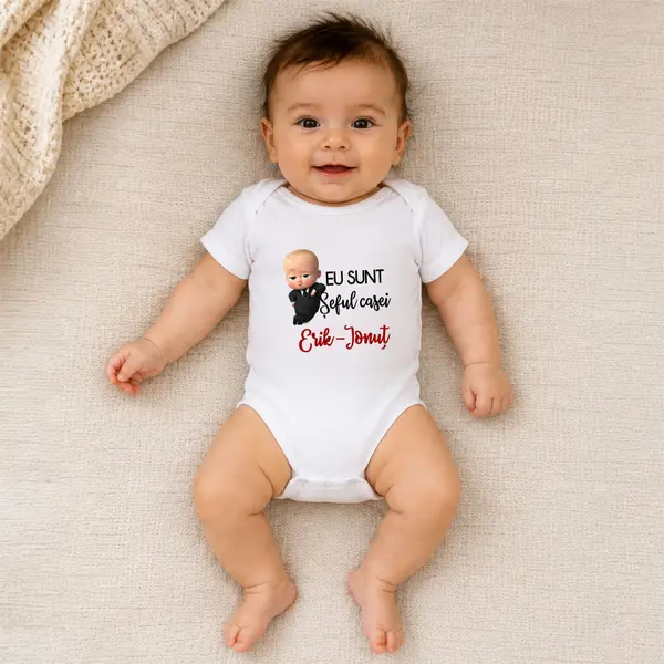 Body personalizat Seful casei - TPC31 Alb Maneca Lunga, 12 Luni (Nr 80)
