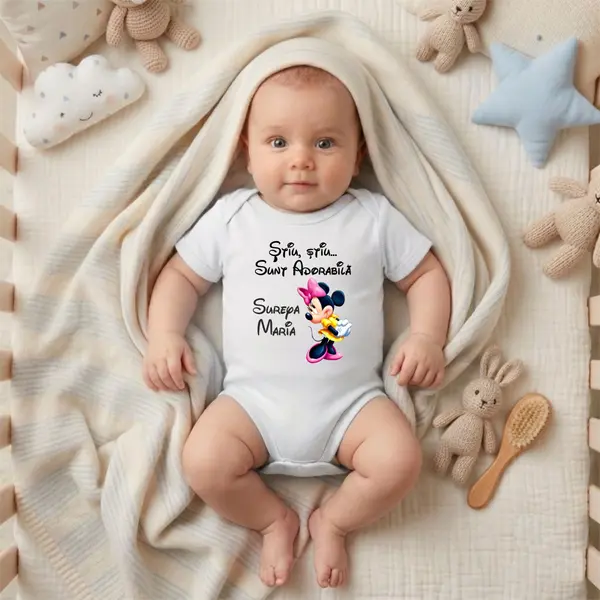 Body Personalizat Stiu, sunt adorabila - TPC11 Alb Maneca Scurta, 1 Luna (Nr 56)