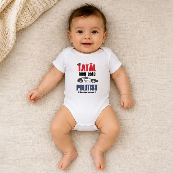 Body Super-Tatic Politist- TPC23 Alb Maneca Scurta, 6 Luni (Nr 68)