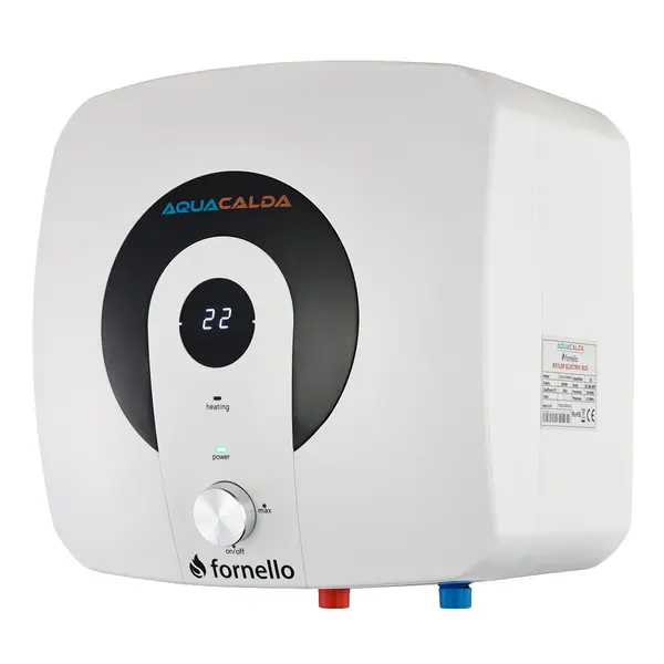 Boiler electric Fornello AQUACALDA ECO, 10 Litri, montaj deasupra chiuvetei, 2000 watt, reglaj extern al temperaturii, poliuretan expandat, grad de protecție IPX4, dimensiuni compacte si afisaj digital