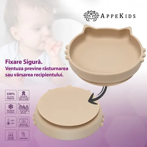 Bol din silicon AppeKids Kitty II Bubble Beige