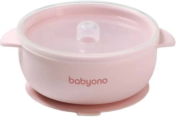 Bol din silicon cu ventuză și capac Babyono - Roz