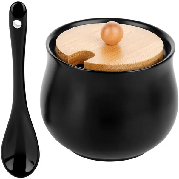 Bol pentru Zahar, Negru, Forma Rotunjita, din Ceramica si Bambus, 250 ml, Vilde