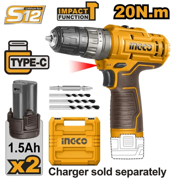 Bormasina 12V Impact 2 Acumulatori cu Type C si Geanta INGCO CIDLI12202E