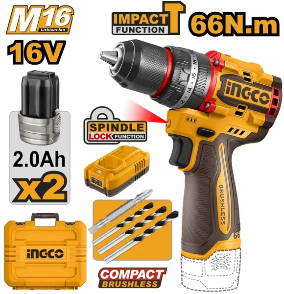 Bormasina 16V 66Nm cu Impact INGCO CIDLI166062