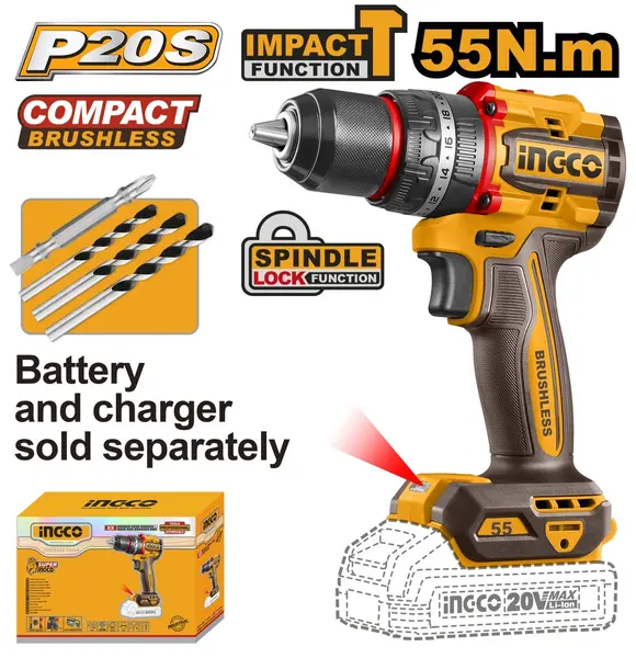 Bormasina 20V 55nm cu Impact Fara Baterie INGCO CIDLI205581