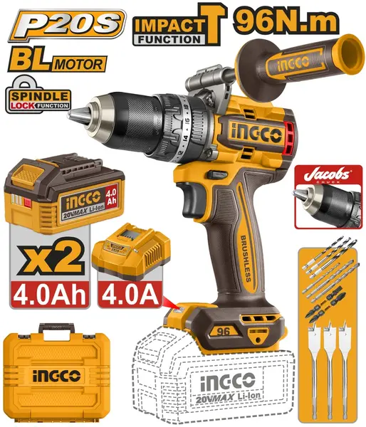 Bormasina 20V 96Nm cu Impact Baterii si Acumulator INGCO CIDLI209686E
