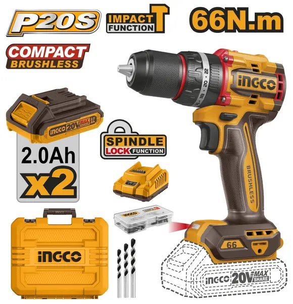 Bormasina 20V cu Impact 66Nm cu 2 Acumulatori