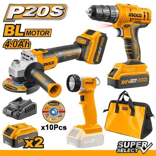 Bormasina 20V +Polizor Unghiular BL + Lanterna cu 2 Acumulatori 4Ah INGCO CKLI2048