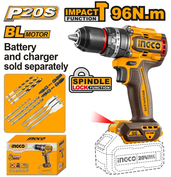 Bormasina cu Impact 20V Brushless 96Nm 2 Viteze Mandrina 13mm Profesionala fara Baterie INGCO CIDLI209681