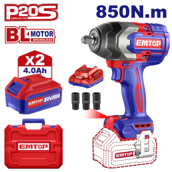 Bormasina de impact si insurubat cu 2 acumulatori 4.0AH, motor fara perii (brushless), 850Nm, cutie de transport - ECiWL2085, EMTOP