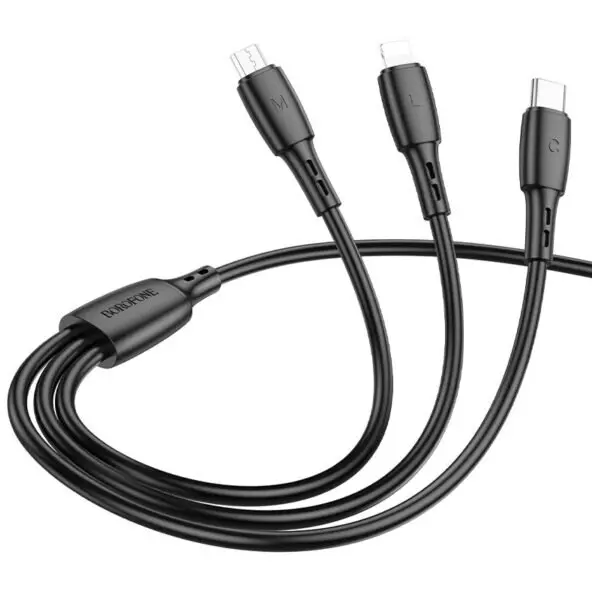 Borofone CABLU alimentare Borofone BX72, pt smartphone, USB la Micro-USB+Lightning + USB Type-C 2A, 1m, Brodat, Negru