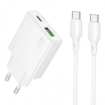 Borofone Incarcator retea Borofone BN24 , Quick Charge 20W, 1 x USB, 1 x USB Type-C, Cablu USB Type-C la USB Type-C, 1m, Alb