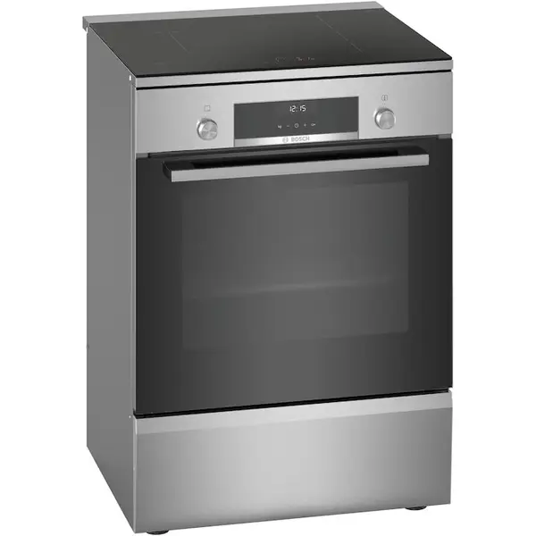 BOSCH Aragaz Bosch HLS59D351, Electric, Plita inductie, 4 zone gatit , Control electronic, Cuptor electric, 66 L, Grill, Autocuratare EcolClean + hidrolitica, 3D Hotair, 2 suporti telescopici, sertar depozitare, Timer, 60 cm, Inox