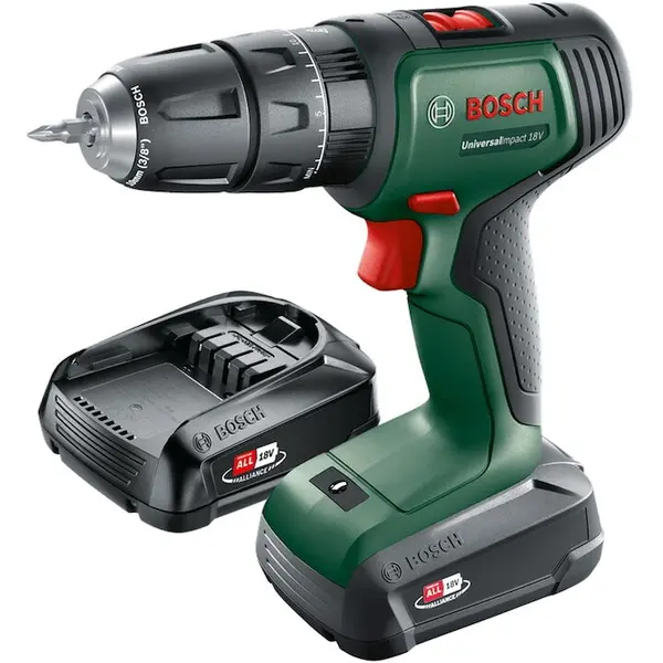 BOSCH Masina de gaurit si insurubat (bormasina) cu percutie pe acumulator Bosch Universal Impact 18, 18 V, 2 trepte de putere, 1450 RPM , 241 de accesorii, valiza profesionala