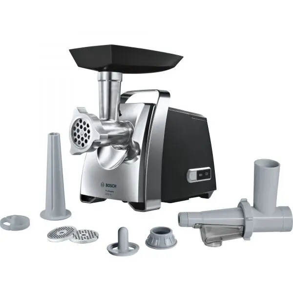 BOSCH Masina de tocat carne Bosch MFW67450, 2000 W, 3.5 kg/min, Accesoriu suc rosii, 3 site, palnie carnati si kebbe, Negru/Gri