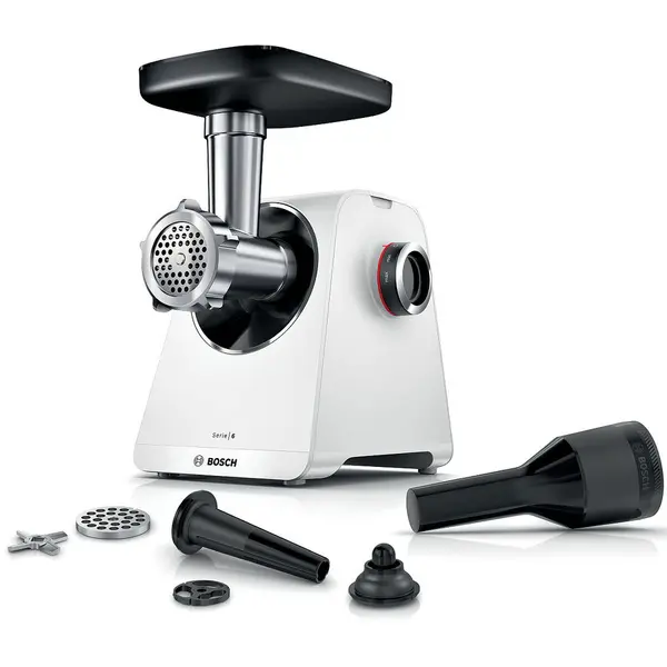 BOSCH Masina de tocat carne BOSCH Serie 6 MultiPower MFWS607W, Varf 2100W, Nominala 500W, proceseaza 3.5kg/min, Carnati, Kebbe, Cutit cu doua taisuri, Picioruse ventuze, Alb