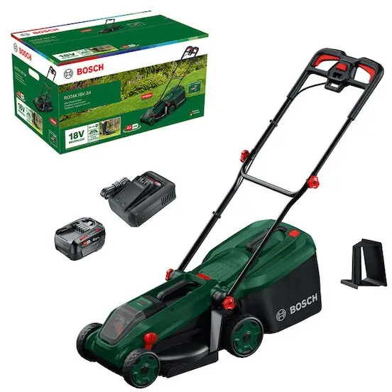 BOSCH Masina de tuns iarba/gazon pe acumulator Bosch ROTAK18V-34, 18 V, latime taiere 34 cm, inaltime taiere 25-65 mm, 5 trepte de taiere, motor brushless, sac colector 35 l, include acumulator 18V 4.0 Ah + incarcator