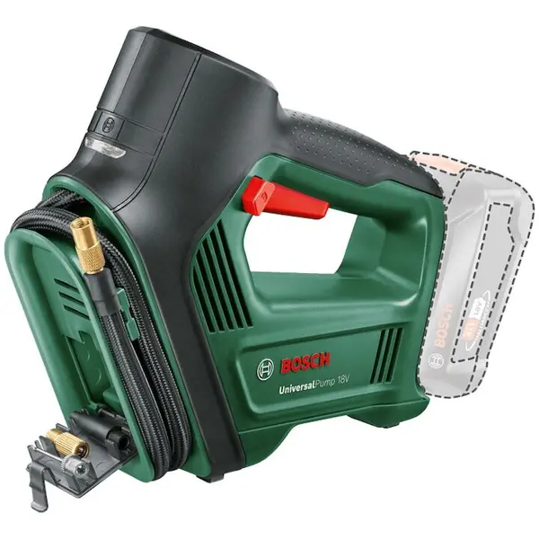 BOSCH Mini compresor pneumatica pe acumulator Bosch UniversalPump 0603947100, 18 V, 10.30 bar, 150 psi, 1030 Kpa, 30 l/min volum maxim, supapa Presta, ac pentru minge, adaptor volum, fara acumulator/incarcator