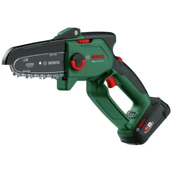 BOSCH Mini fierastrau electric/mini drujba cu lant pe acumulator Bosch EasyChain 18V-15-7, 18 V, lungime lama 15 cm, viteza lant 6.95 m/s, lama Oregon, motor fara perii, include: incarcator + acumulator 18 V 2.5 Ah, Verde