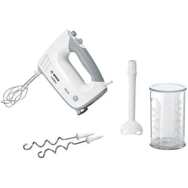 BOSCH Mixer de mana Bosch MFQ36440, 450 W, 5 viteze + Turbo, Pasator, Vas gradat, Alb/Gri