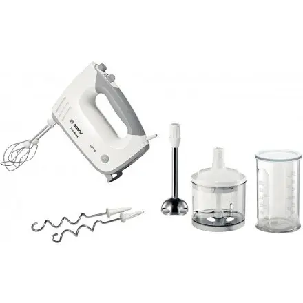 BOSCH Mixer de mana Bosch MFQ36480, 450 W, 5 viteze + Turbo, Picior pasator inox, tocator, vas gradat, Alb/Gri