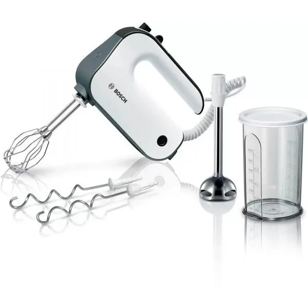 BOSCH Mixer de mana Bosch MFQ49700, 850 W, 5 trepte de putere + functie turbo, Vas gradat ,picior blender cu cutit cu 4 lame din otel inoxidabil, Alb