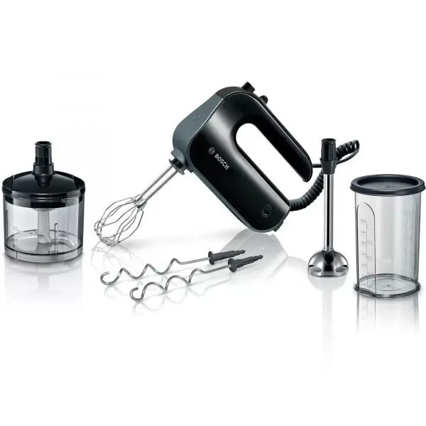 BOSCH Mixer de mana Bosch MFQ4980B, 850 W, 5 trepte de putere + functie turbo, Chopper, Vas gradat, 2 teluri din otel inoxidabil, 2 spirale din otel inoxidabil, Negru
