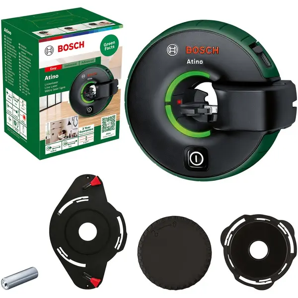 BOSCH Nivela cu laser Bosch Atino 0603663AZ0, 630-650 nm dioda laser, autonivelare, 2 m domeniu lucru, 1 pad cu gel, 1 x 1.5 V LR6 (AA), capac de protectie pentru padul cu gel, 2 stifturi