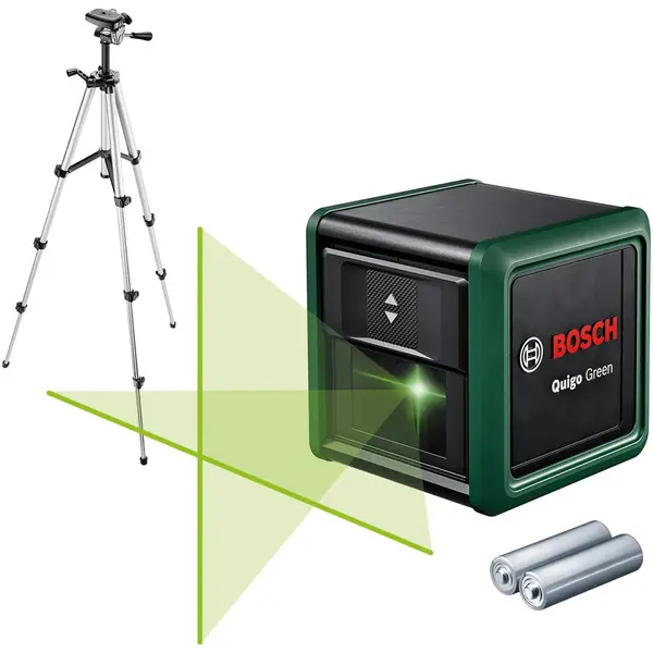 BOSCH Nivela cu laser Bosch Quigo Green Set 0603663CZ1, 12 m domeniu lucru, 500-540 nm dioda laser, ± 0.6 mm/m precizie, ±4° autonivelare, 1/4 filet stativ, 2 baterii 1.5 V), sistem prindere universal MM2, adaptor montare, stativ aluminiu telescopic, Mul